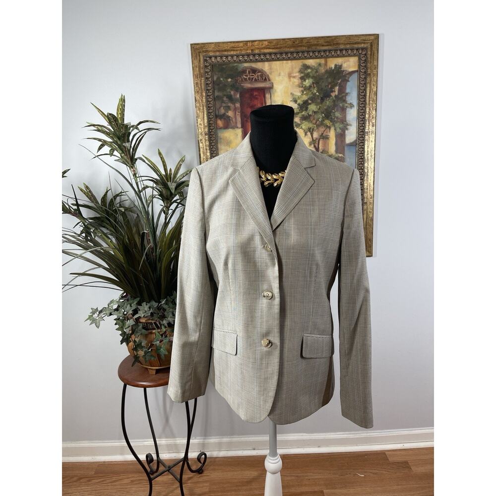 Lands’ End Women’s Blazer 10 Lapel Notched 100% Wool Plaid Tan Beige Career